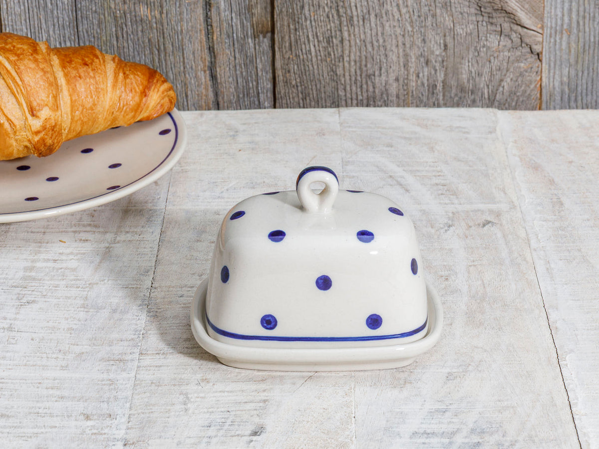 Kräuterbutterglocke Keramik weiß blau gepunktet