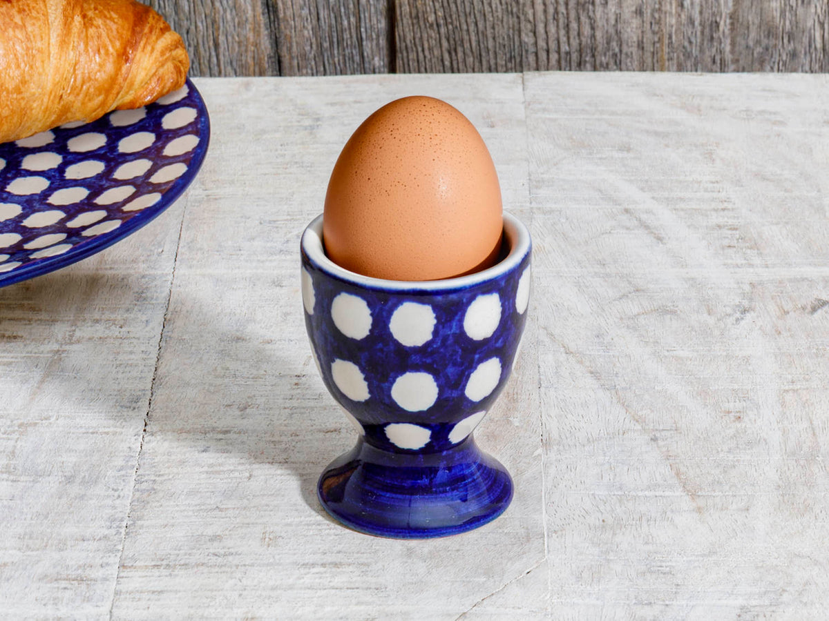 Eierbecher Keramik blau weiße Punkte Bunzlau