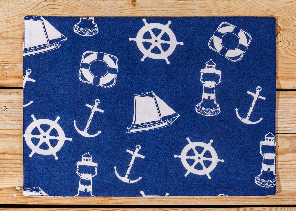 Blaues Tischset aus Baumwolle Leuchtturm Anker