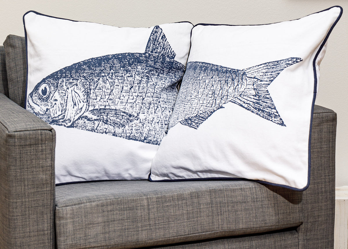 Baumwollkissen blau weiß Fische maritim