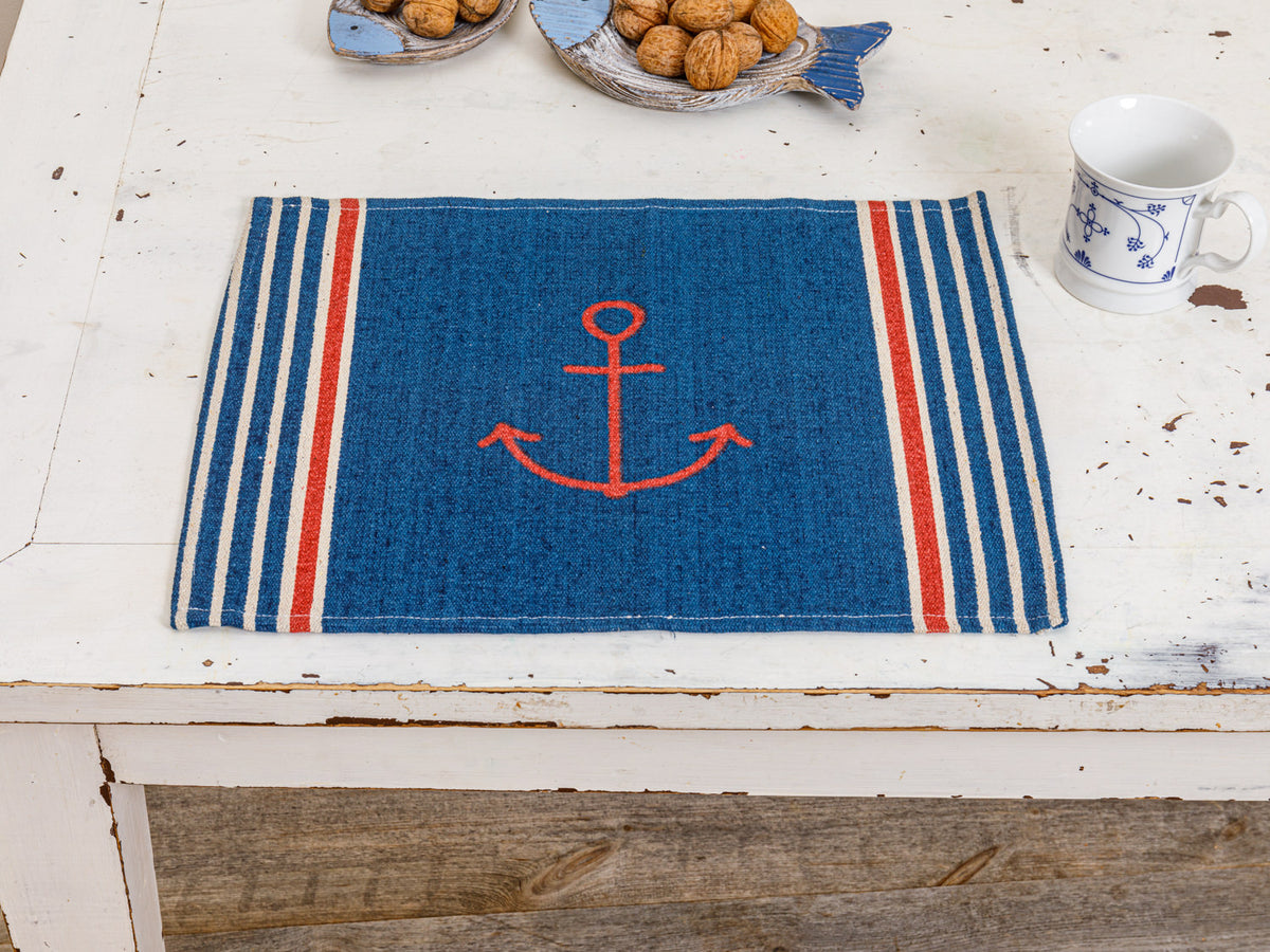 Blaues Tischset gestreift roter Anker