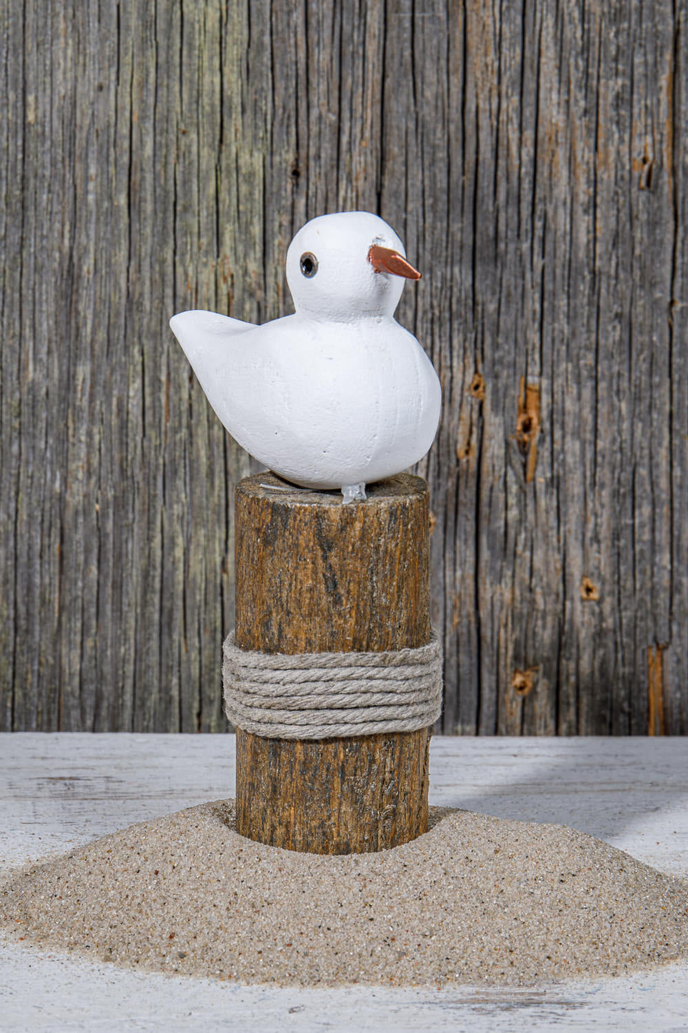 Kleine Möwe auf Holzpfahl Poller