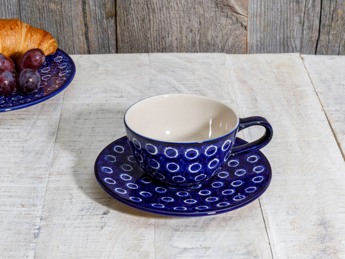 Blaue Keramik Kaffeetasse mit Untertasse Bunzlauer