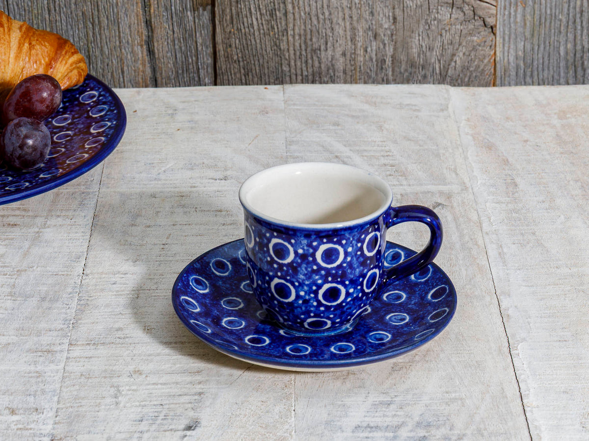 Blaue Espressotasse mit Untertasse Bunzlauer Keramik