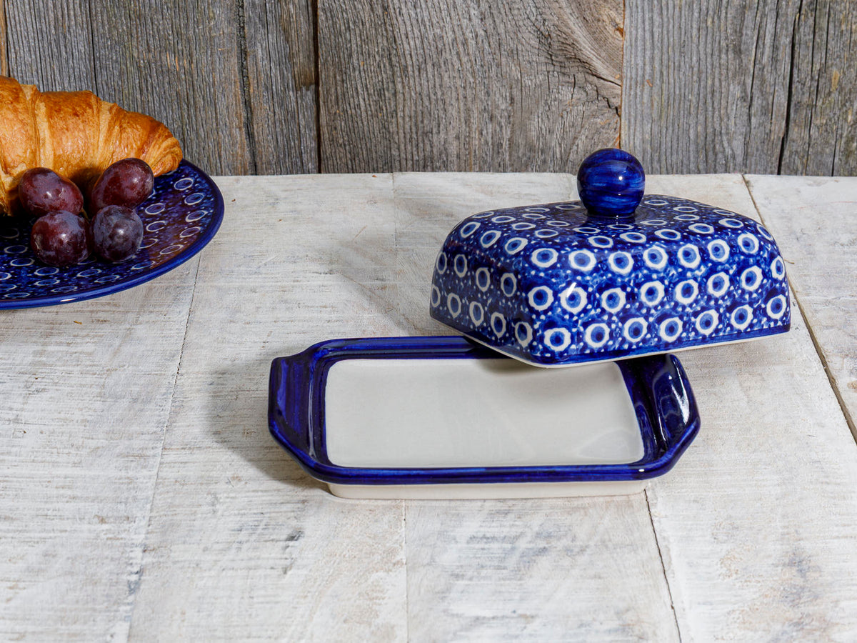 Eckig Butterglocke blau gepunktet