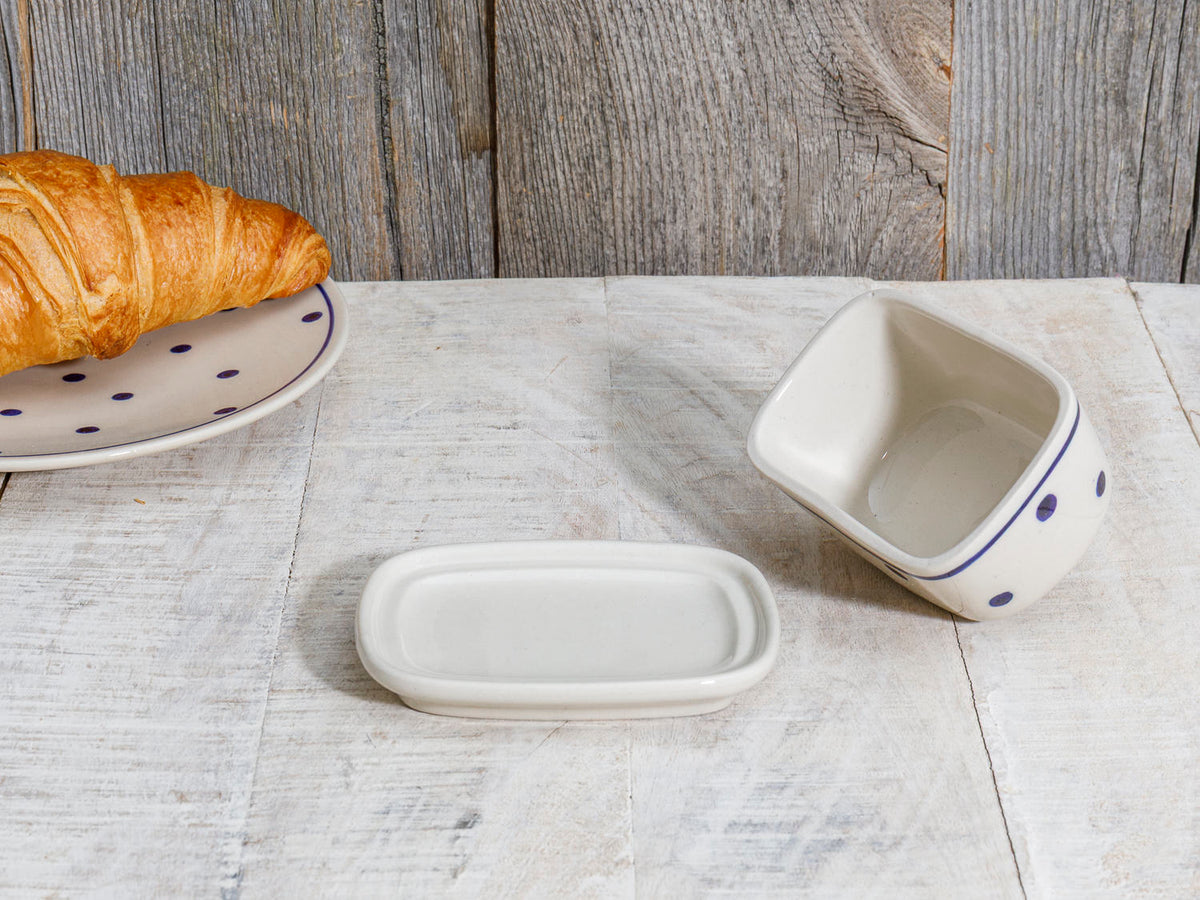 Kräuterbutterglocke Keramik weiß blau gepunktet
