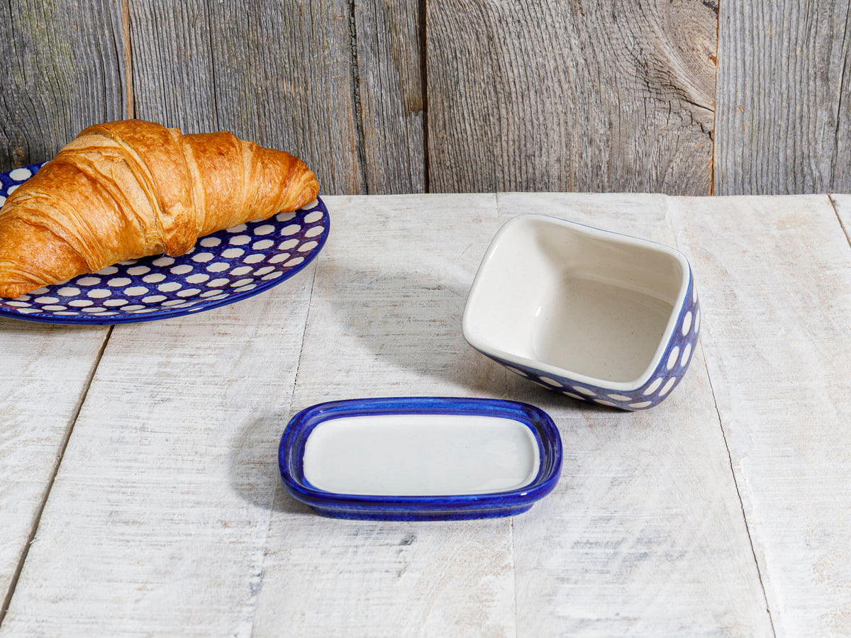Kräuterbutterglocke Keramik blau weiße Punkte
