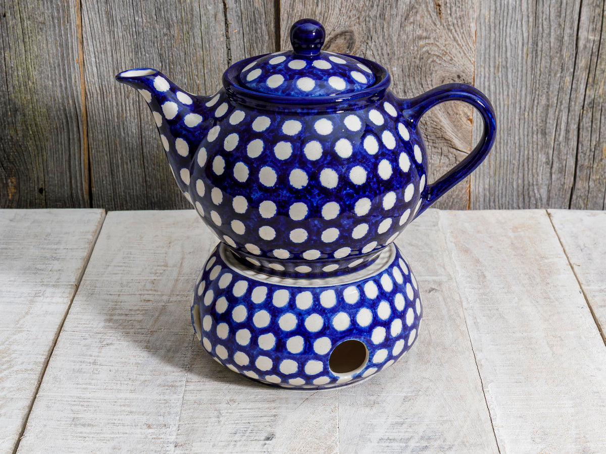 Teekanne Kaffeekanne 1l Keramik blau weiße Punkte