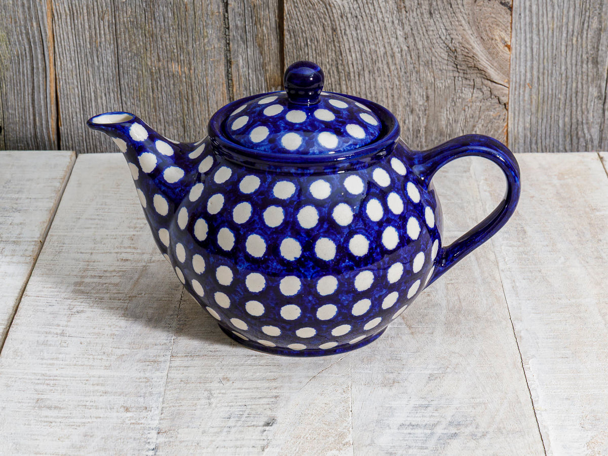 Teekanne Kaffeekanne 1l Keramik blau weiße Punkte