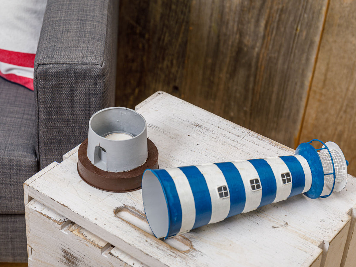 Teelicht Leuchtturm Metall blau klein