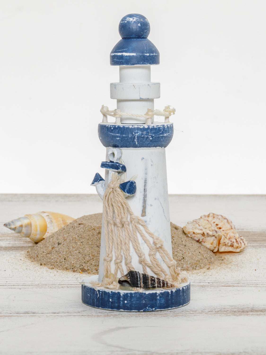 Kleiner blauer Deko Leuchtturm mit Anker Fischernetz