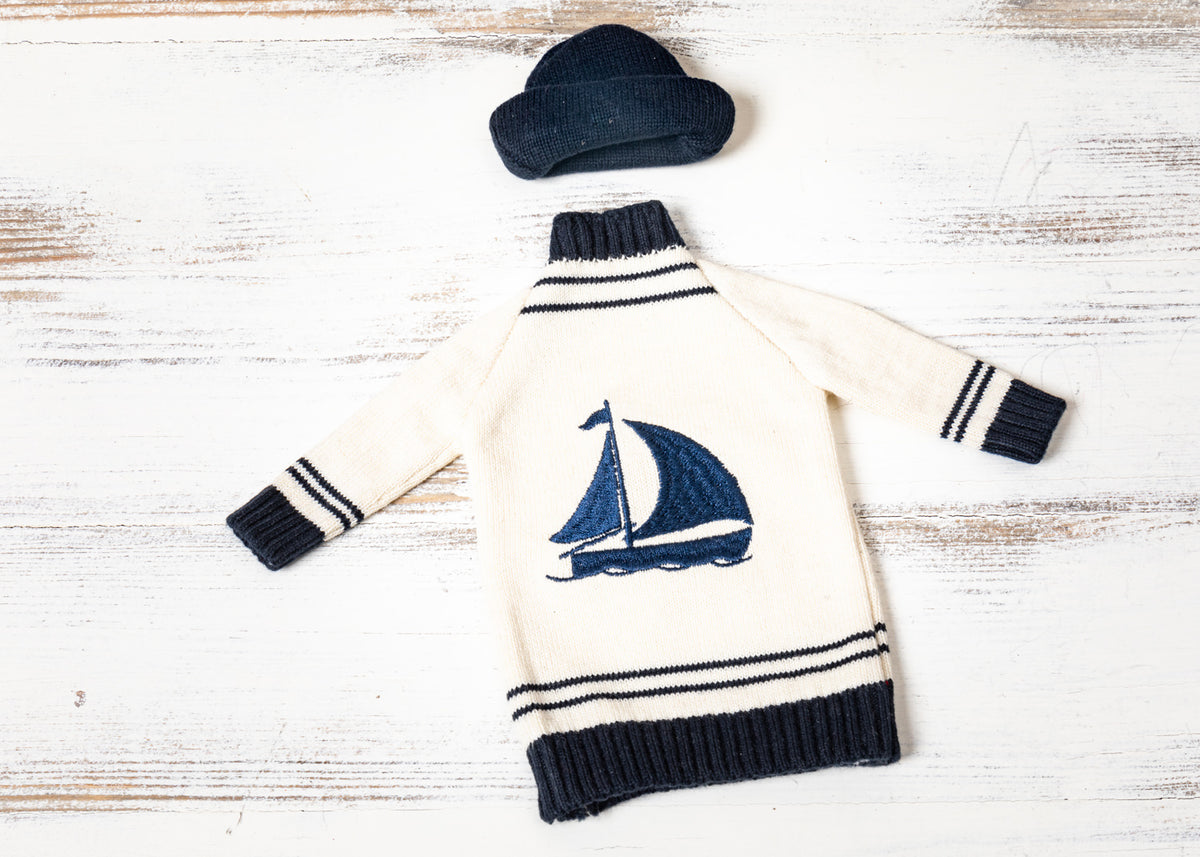Flaschenpullover Mütze blau Segelschiff