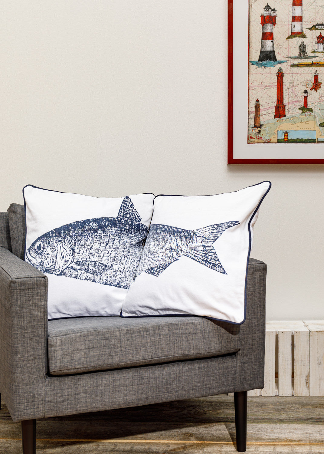 Baumwollkissen blau weiß Fische maritim