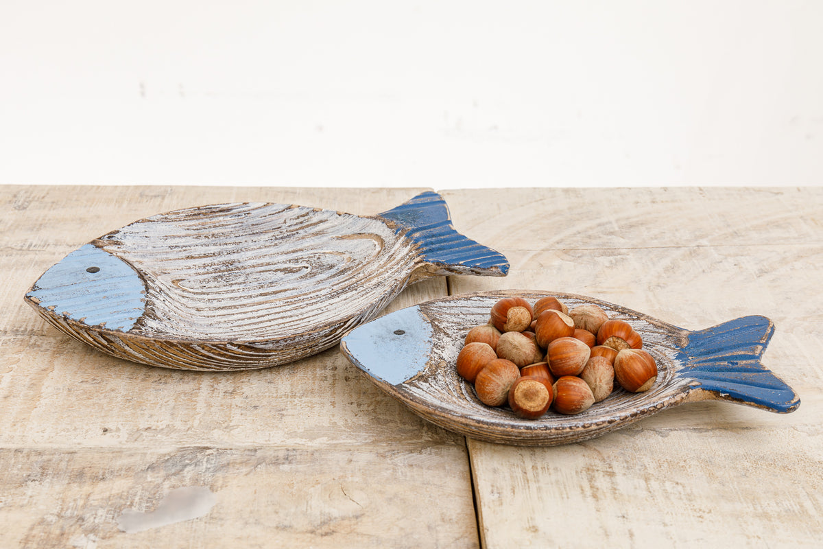 Schale Fische Holz blau Vintage