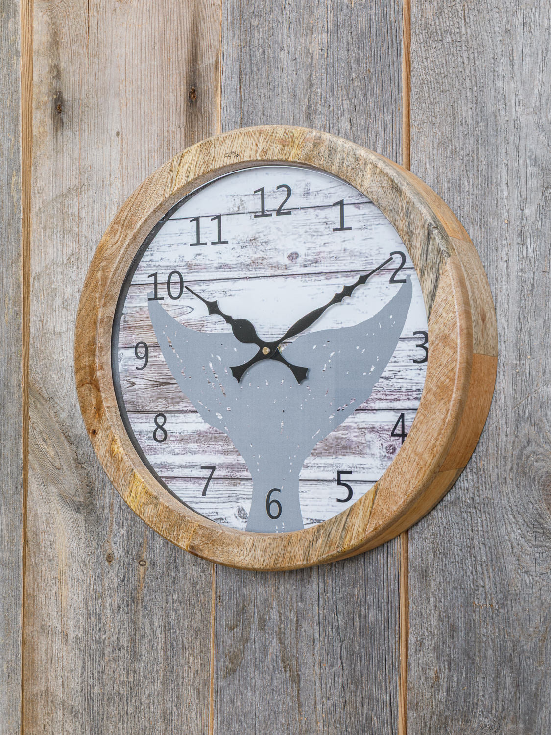 Runde Wanduhr Mangoholz Walflosse
