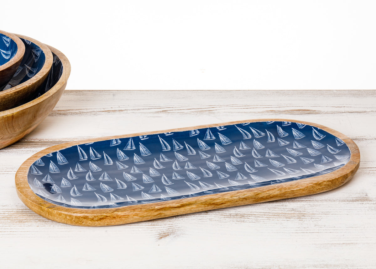 Mangoholz  Vorlagenteller Segelboot blau