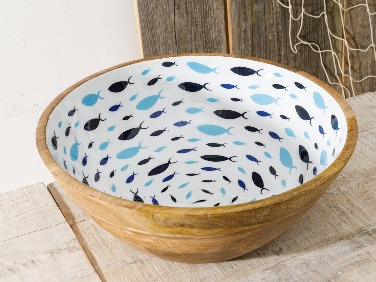 Mangoholz große Salatschüssel blau Fische