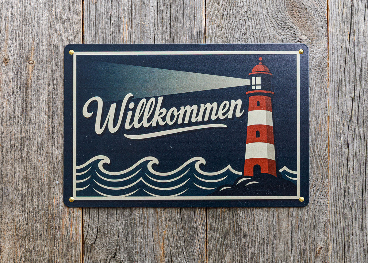 Vintage Metallschild dunkelblau Leuchtturm